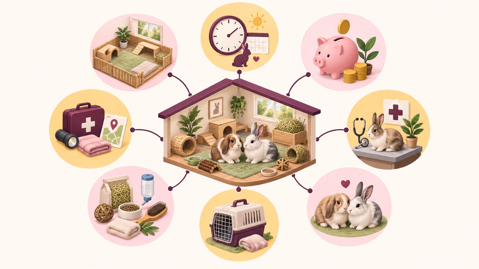 Ilustrasi AI: peta keputusan dengan rumah terbuka berisi dua kelinci di tengah, dihubungkan garis ke delapan lingkaran: pen kayu, jam dan kalender, celengan dan koin, kelinci di meja periksa dengan stetoskop, dua kelinci berdampingan, carrier, perlengkapan harian seperti hay dan sikat, serta kotak P3K dengan senter dan peta