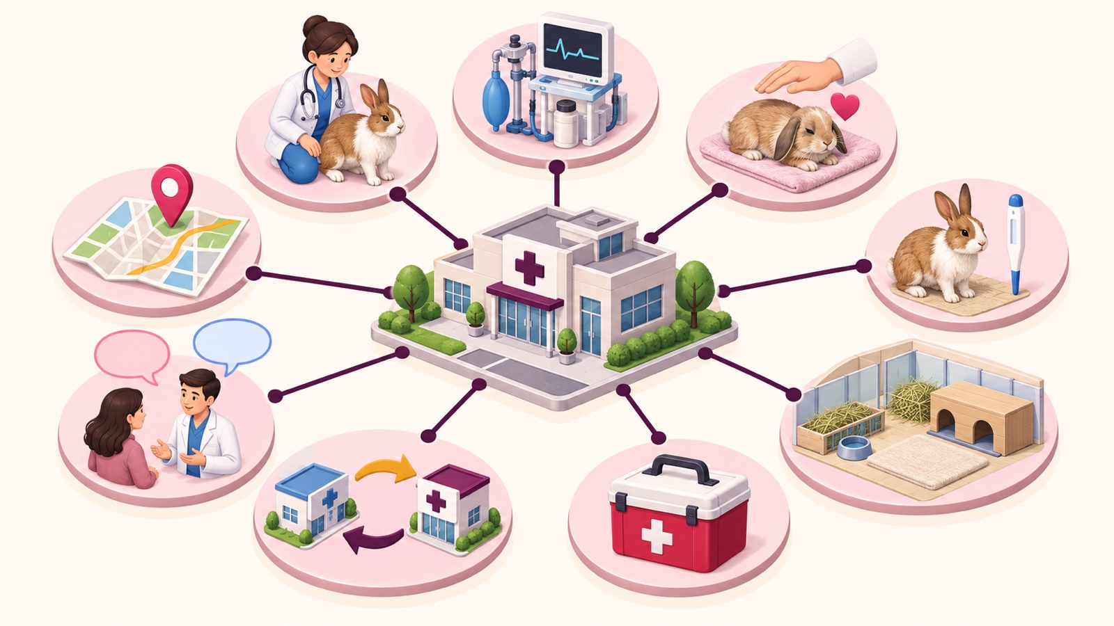 Ilustrasi AI: diagram evaluasi klinik yang menampilkan pengalaman kelinci, anestesi, nyeri, suhu, rawat inap, darurat, rujukan, komunikasi, dan jarak