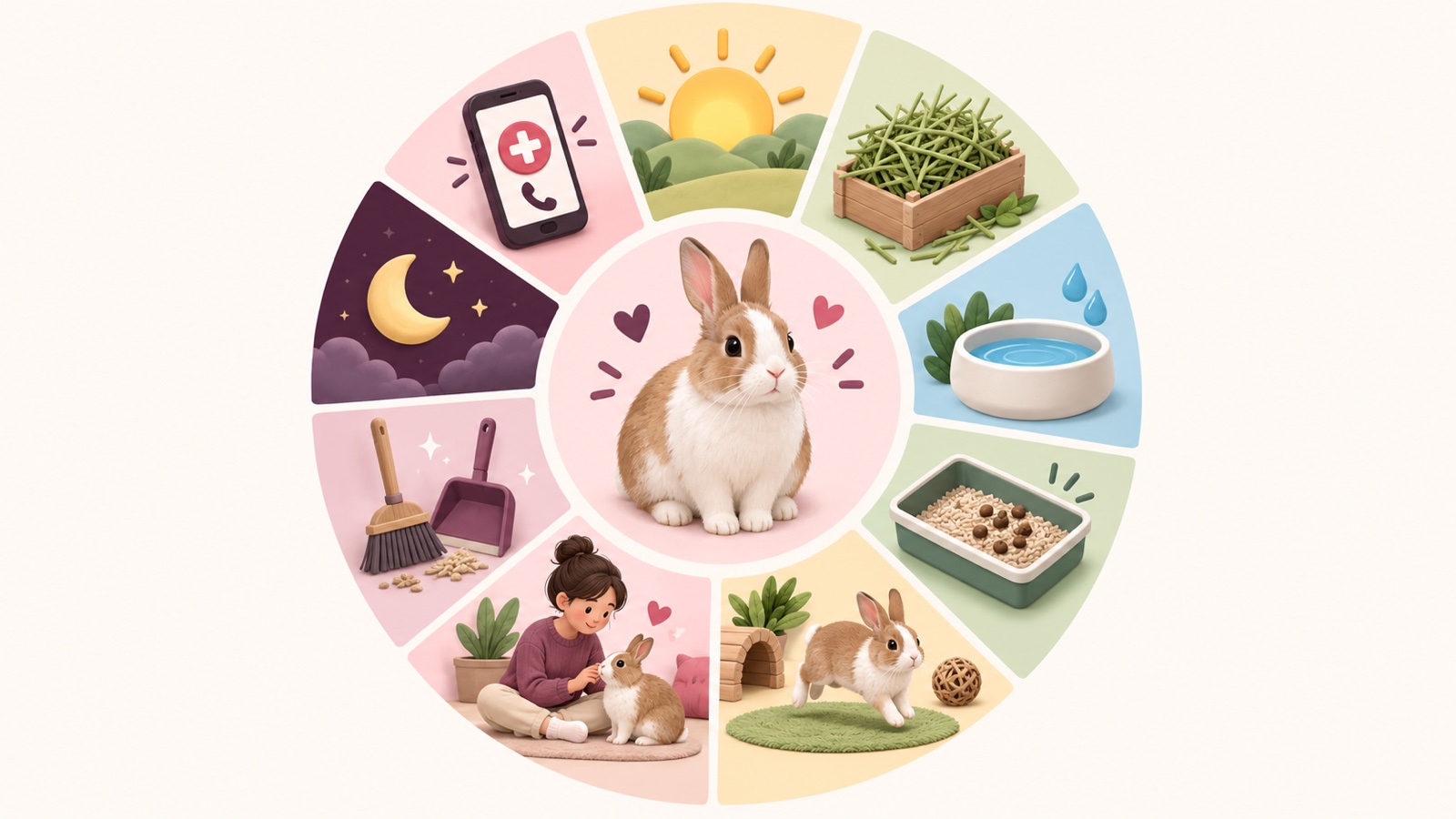 Ilustrasi AI: diagram lingkaran berisi seekor kelinci di tengah, dikelilingi sembilan segmen bergambar: matahari terbit, kotak hay, mangkuk air, litter tray berisi kotoran, kelinci melompat di dekat terowongan dan bola anyaman, orang duduk menyentuh kelinci, sapu dan pengki, bulan di langit malam, serta ponsel bertanda palang merah dan telepon