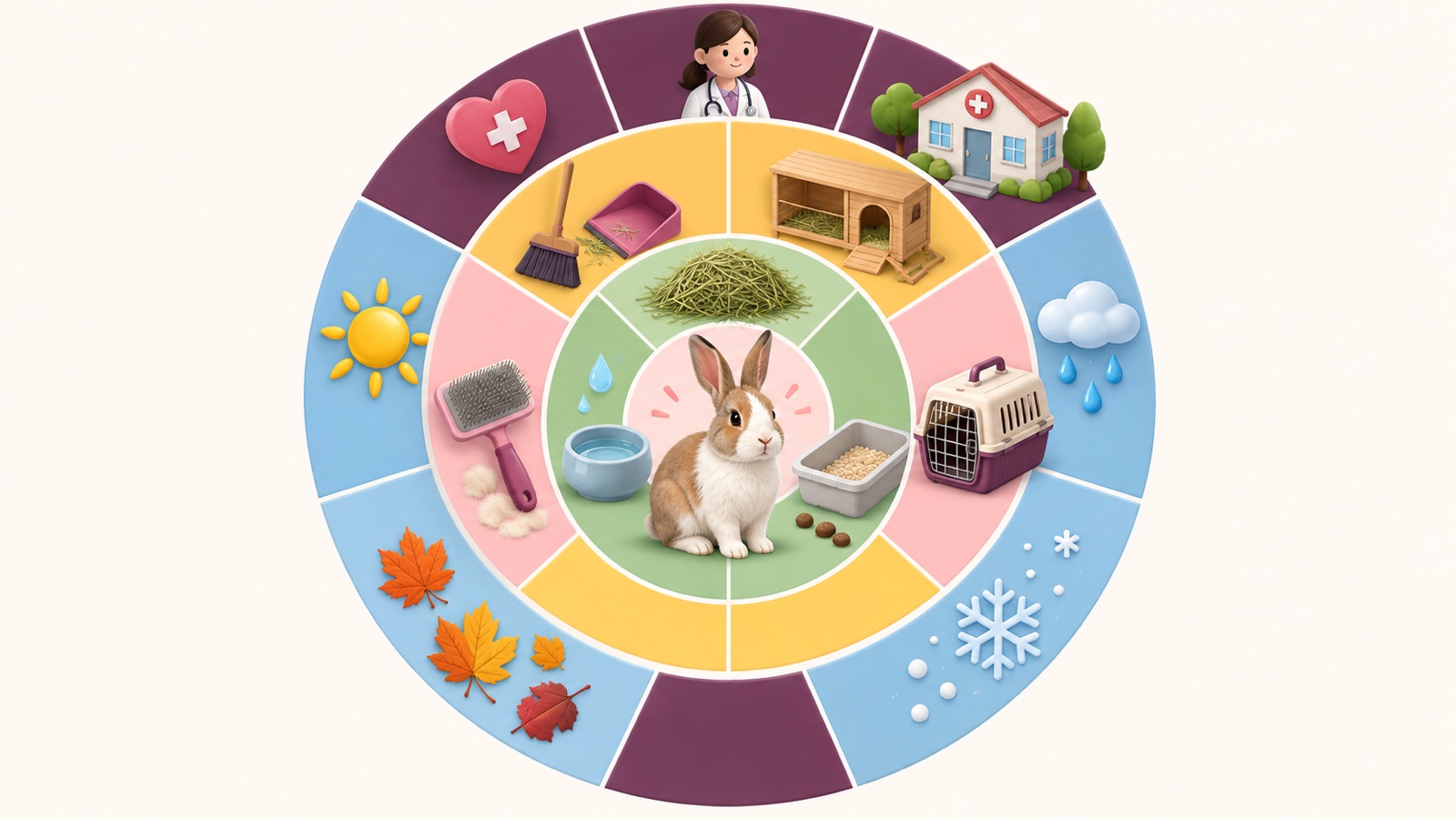 Ilustrasi AI: diagram kalender konsentris yang memvisualkan tugas harian, mingguan, bulanan, musiman, dan veteriner dengan ikon hay, air, kotoran, habitat, grooming, carrier, dan klinik