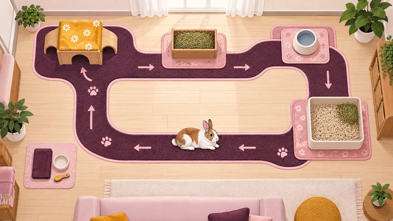 Ilustrasi AI: denah ruang dari atas dengan jalur karpet plum berbentuk lingkaran dan tanda panah yang menghubungkan rumah istirahat, kotak hay, mangkuk air di atas alas, dan litter box, dengan seekor kelinci berbaring di jalur