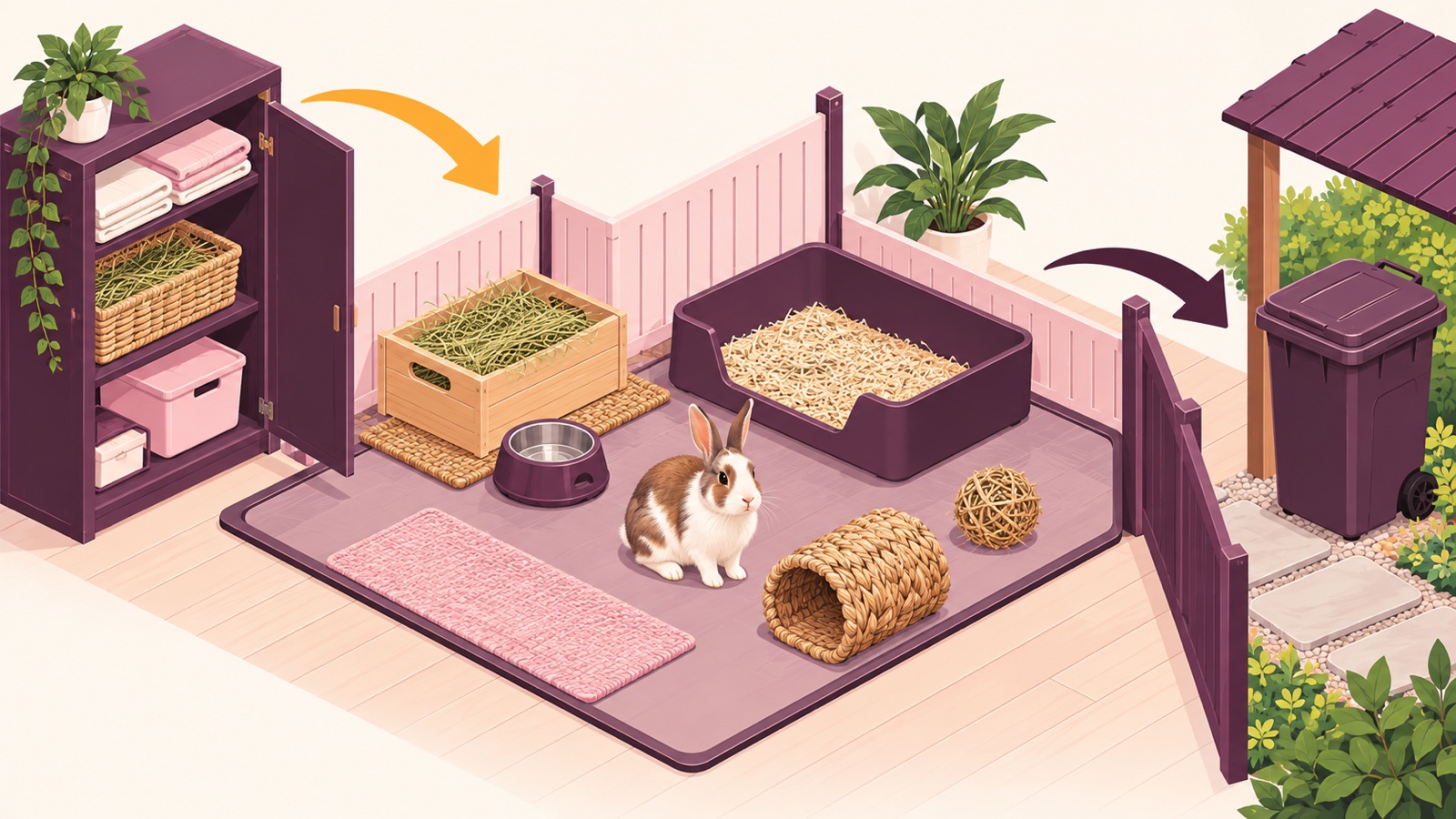 Ilustrasi AI: gambar isometrik area kelinci berpagar dengan kotak hay, mangkuk air, litter box, terowongan anyaman, dan keset, serta panah dari lemari persediaan bersih dan panah menuju tempat sampah di luar