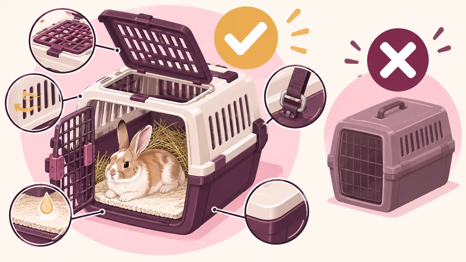 Ilustrasi AI: perbandingan carrier, dengan carrier berpintu atas, pintu depan, ventilasi samping, tali pengikat, dan alas penyerap diberi tanda centang, sedangkan carrier tertutup dengan sedikit lubang diberi tanda silang