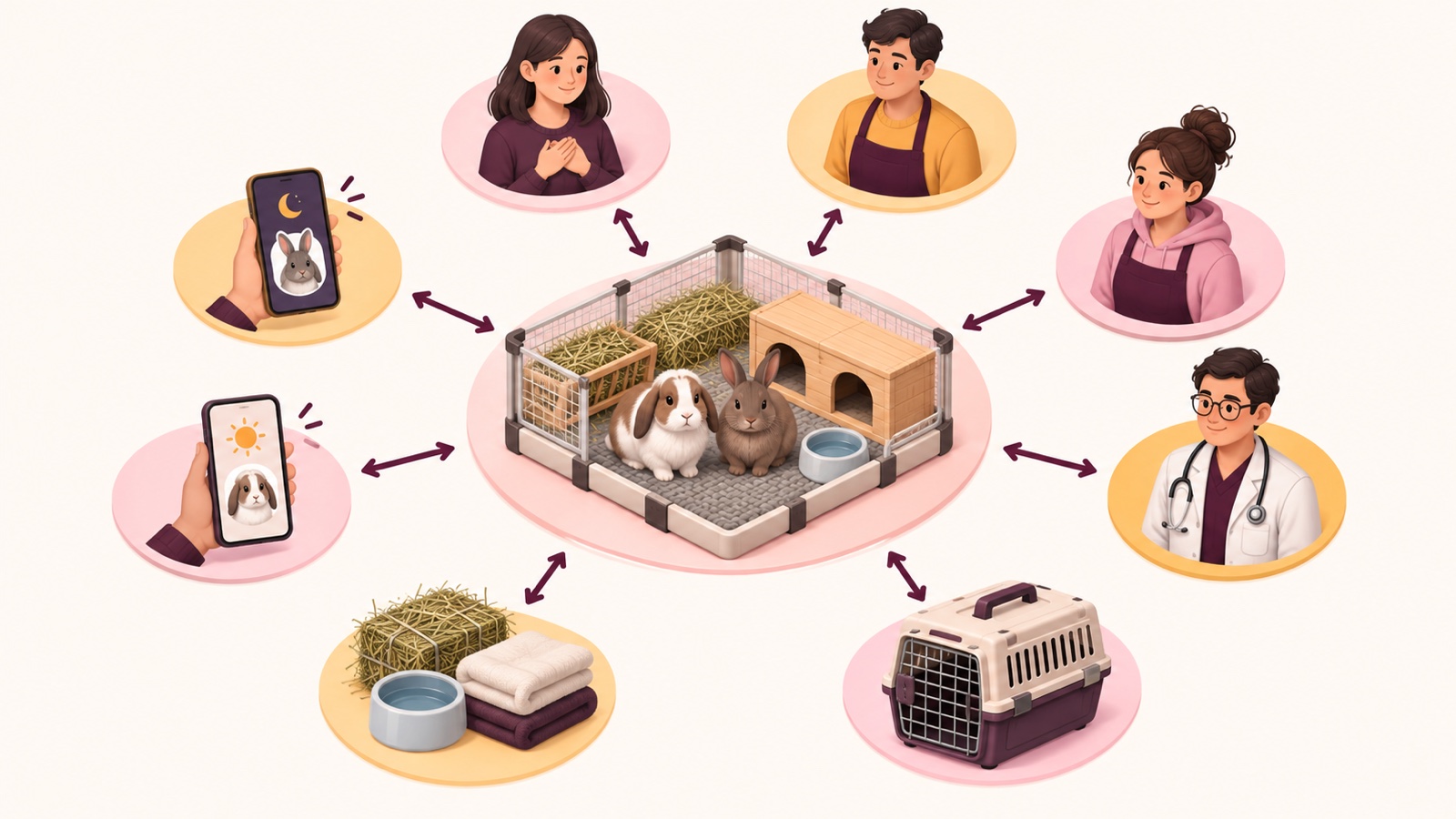 Ilustrasi AI: diagram serah-terima penitipan yang menghubungkan pemilik, pengasuh utama, pengasuh cadangan, dokter hewan, carrier, stok, serta laporan pagi dan malam