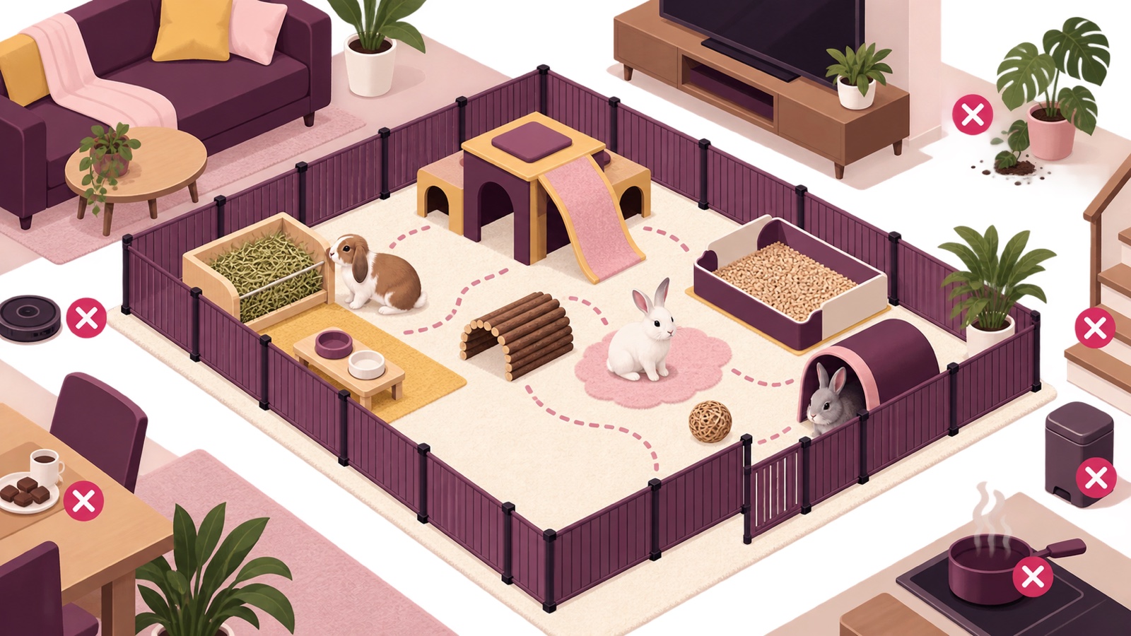 Ilustrasi AI: diagram persiapan rumah untuk kelinci berupa denah isometrik zona kelinci aman yang memperlihatkan jalur bergerak, area makan, litter, tempat sembunyi, pagar, dan bahaya rumah yang berada di luar jangkauan