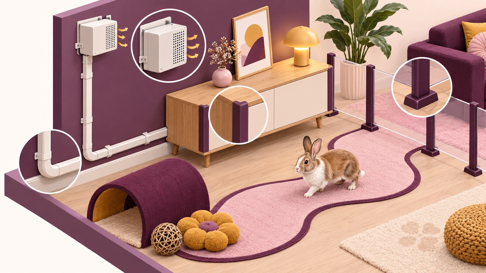 Ilustrasi AI: diagram rabbit-proofing kabel berupa potongan dinding bergaya isometrik yang menunjukkan kabel aman di dalam conduit, kotak adaptor berventilasi, sudut terlindungi, dan jalur alternatif untuk kelinci