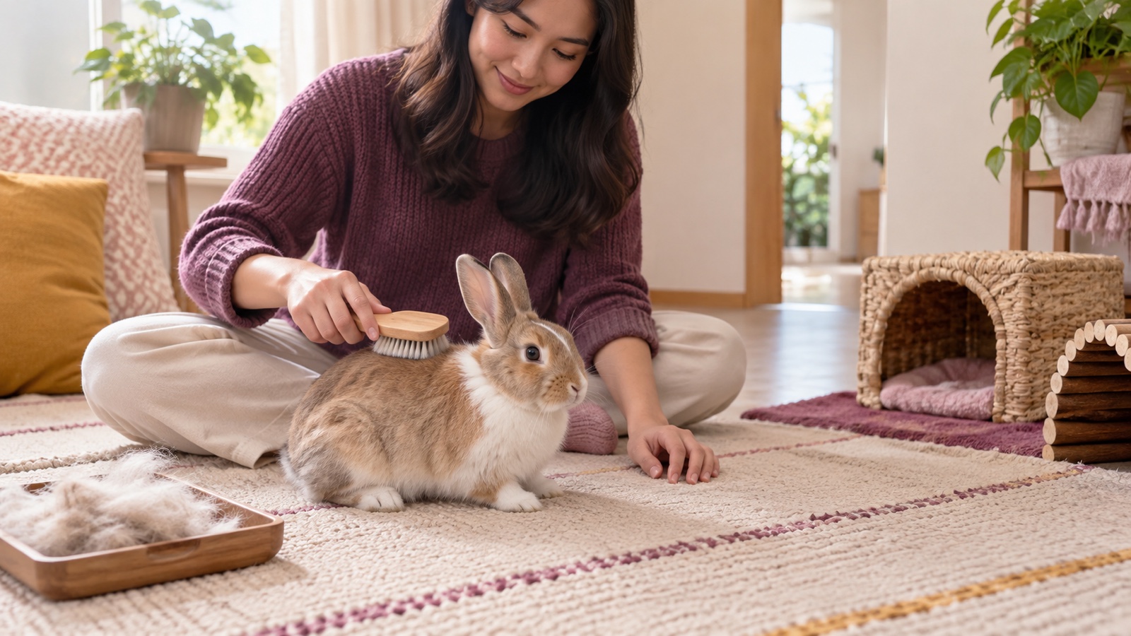 Ilustrasi AI: perempuan duduk di karpet menyisir punggung kelinci dengan sikat kayu berbulu lembut, nampan berisi gumpalan bulu rontok di sampingnya, dan rumah anyaman di latar belakang